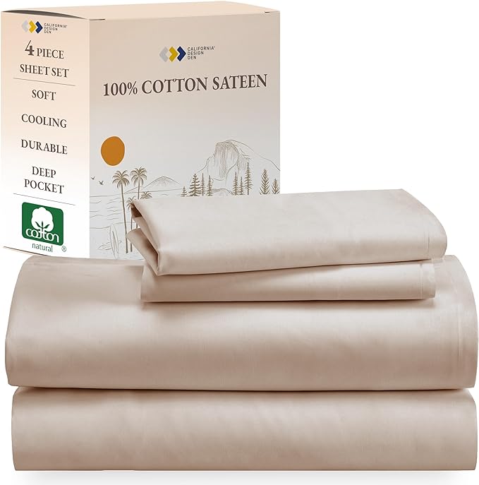 California Design Den Soft 100% Cotton Sheets King Size Bed Sheets Set with Deep Pockets, 4 Piece King Sheets Set with Sateen Weave, Cooling Sheets (Beige) - LeafyLoom