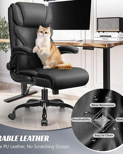 Office Chair, Ergonomic Big and Tall Computer Desk Chairs, Executive Breathable Leather Chair with Adjustable High Back Flip-up Armrests, Lumbar Support Swivel PC Chair with Rocking Function - LeafyLoom