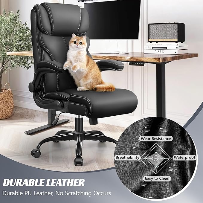 Office Chair, Ergonomic Big and Tall Computer Desk Chairs, Executive Breathable Leather Chair with Adjustable High Back Flip-up Armrests, Lumbar Support Swivel PC Chair with Rocking Function - LeafyLoom