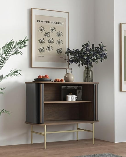 roomfitters Sideboard Buffet Cabinet with Sliding Doors, Mid Century Modern Credenza with 2 Tambour Doors, Minimalist Accent Storage Cabinet for Living Room, Media Console with Storage, Walnut Black - LeafyLoom