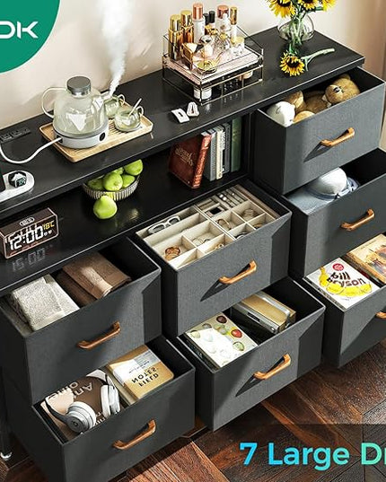 AODK Dresser with Charging Station, 52-Inch Long Dresser for Bedroom with 7 Large Fabric Drawers, Entertainment Center with Open Shelves for 55-Inch TV for Living Room, Black and Dark Grey - LeafyLoom