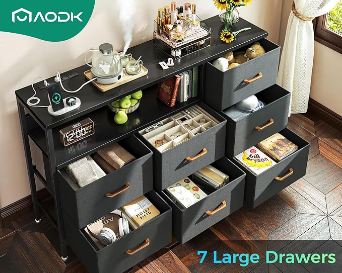 AODK Dresser with Charging Station, 52-Inch Long Dresser for Bedroom with 7 Large Fabric Drawers, Entertainment Center with Open Shelves for 55-Inch TV for Living Room, Black and Dark Grey - LeafyLoom