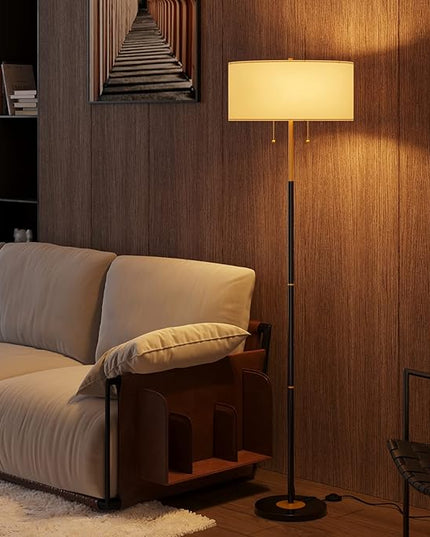 2-Light Floor Lamp, Mid Century Floor Lamp with White Fabric Shade, Standing Lamp Tall Lamp for Living Room Bedroom, 3 Color Temperatures 9W Bulb Include - LeafyLoom