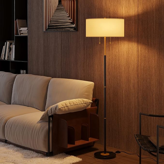 2-Light Floor Lamp, Mid Century Floor Lamp with White Fabric Shade, Standing Lamp Tall Lamp for Living Room Bedroom, 3 Color Temperatures 9W Bulb Include - LeafyLoom