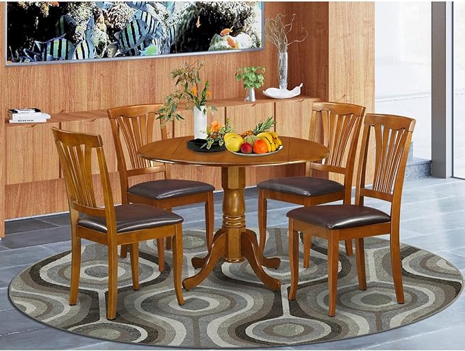 East West Furniture DLAV5-SBR-LC 5 Piece Dining Room Table Set Includes a Round Kitchen Table with Dropleaf and 4 Faux Leather Upholstered Dining Chairs, 42x42 Inch, Saddle Brown - LeafyLoom