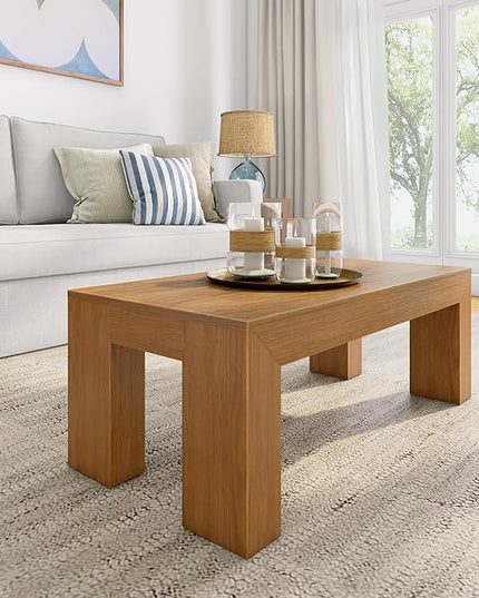 Plank+Beam Modern Rectangular Coffee Table, Solid Wood, 40 Inch, Rectangle Coffee Table for Living Room, Mini Center Tables for Small Spaces, Small Living Space Tea Table, Pecan Wirebrush - LeafyLoom