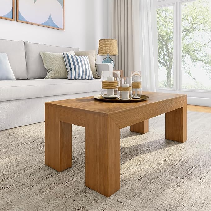 Plank+Beam Modern Rectangular Coffee Table, Solid Wood, 40 Inch, Rectangle Coffee Table for Living Room, Mini Center Tables for Small Spaces, Small Living Space Tea Table, Pecan Wirebrush - LeafyLoom