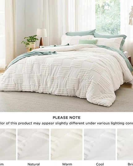 Bedsure Queen Comforter Set Cream White, Boho Tufted Bedding Comforter Set, Grande Checkered Farmhouse Shabby Chic Bed Set, 3 Pieces, 1 Plaid Geometric Comforter and 2 Pillow Shams - LeafyLoom