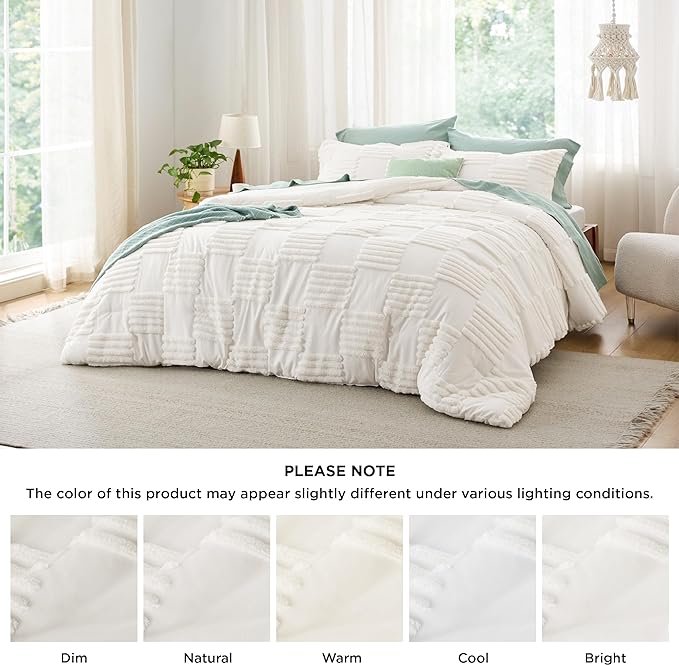 Bedsure Queen Comforter Set Cream White, Boho Tufted Bedding Comforter Set, Grande Checkered Farmhouse Shabby Chic Bed Set, 3 Pieces, 1 Plaid Geometric Comforter and 2 Pillow Shams - LeafyLoom