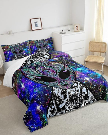 Feelyou Alien Printed Comforter Kids Galaxy Outer Space Themed Bedding Set Boys Girls Trippy Alien Hippie Skull Decor Comforter Set Colorful Tie Dye Quilted Duvet Bedroom Bed Set Full Size… - LeafyLoom