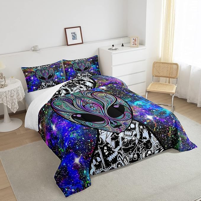 Feelyou Alien Printed Comforter Kids Galaxy Outer Space Themed Bedding Set Boys Girls Trippy Alien Hippie Skull Decor Comforter Set Colorful Tie Dye Quilted Duvet Bedroom Bed Set Full Size… - LeafyLoom