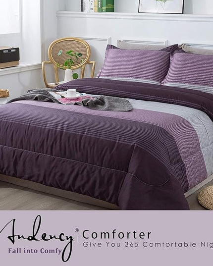 Andency Stripe Comforter Set Twin Size (66x90 Inch), 2 Pieces Purple and Gray Patchwork Striped Comforter, Soft Microfiber Down Alternative Comforter Bedding Set with Corner Loops - LeafyLoom