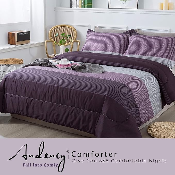 Andency Stripe Comforter Set Twin Size (66x90 Inch), 2 Pieces Purple and Gray Patchwork Striped Comforter, Soft Microfiber Down Alternative Comforter Bedding Set with Corner Loops - LeafyLoom