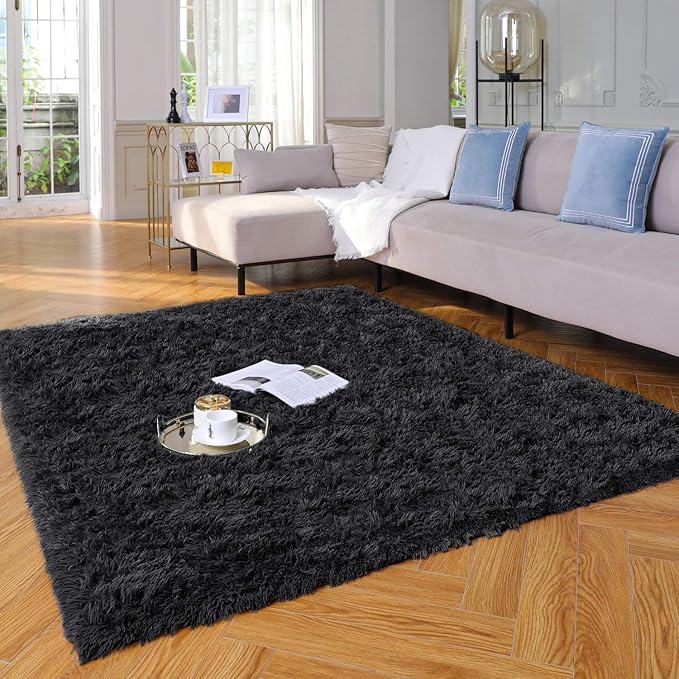 Ophanie Machine Washable Upgrade 4x6 Rugs for Bedroom, Black, Fluffy Shaggy Soft Area Rug, Non-Slip Indoor Floor Carpet for Living Room, Kids Boys Teen Dorm Home Decor Aesthetic, Nursery - LeafyLoom