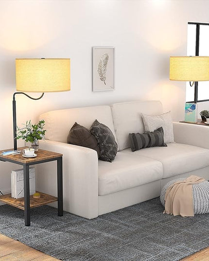 LED Floor Lamp with Table - Rustic End Table with USB Charging Port, Power Outlet, Bedside Nightstand Shelves, Side Table with Reading Standing Light for Living Room, Bedroom, Bulb Included - LeafyLoom