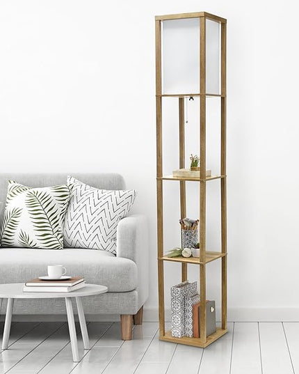 Simple Designs LF1038-WOD 62.5" Modern 3 Tier Standing Floor Lamp Etagere Organizer Storage Shelf with Linen Shade for Home Décor, Living Room, Bedroom, Office, Light Burnt Oak - LeafyLoom