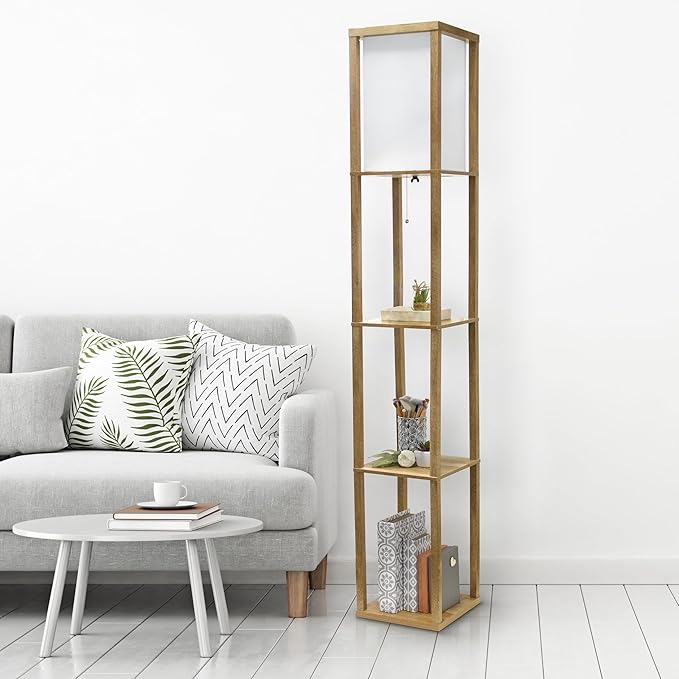 Simple Designs LF1038-WOD 62.5" Modern 3 Tier Standing Floor Lamp Etagere Organizer Storage Shelf with Linen Shade for Home Décor, Living Room, Bedroom, Office, Light Burnt Oak - LeafyLoom