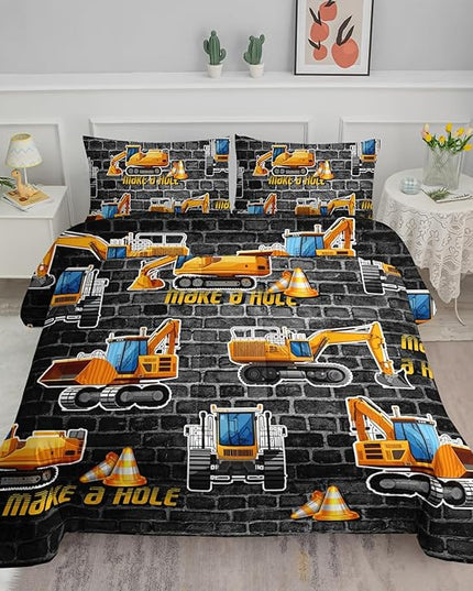 Axolotl Excavator Bedding Set Full Size,Yellow Excavator Bed Comforter for Kids Boys Teens,Tractor Truck Bedding Set for Boys,Construction Bedding Set for Boys,1 Quilt 2 Pillowcases,Deep Grey - LeafyLoom