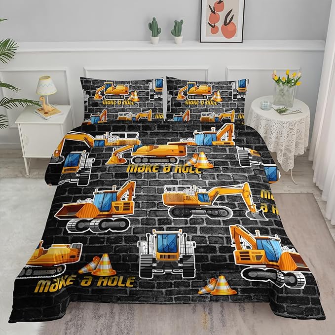 Axolotl Excavator Bedding Set Full Size,Yellow Excavator Bed Comforter for Kids Boys Teens,Tractor Truck Bedding Set for Boys,Construction Bedding Set for Boys,1 Quilt 2 Pillowcases,Deep Grey - LeafyLoom