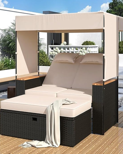 Outdoor Patio Conversation Set, 2-Piece Patio Bench Rattan Roof Set, Effective UV Protection Fabric & Waterproof Cushions and Adjustable Backrest for Garden, Backyard and Porch - LeafyLoom