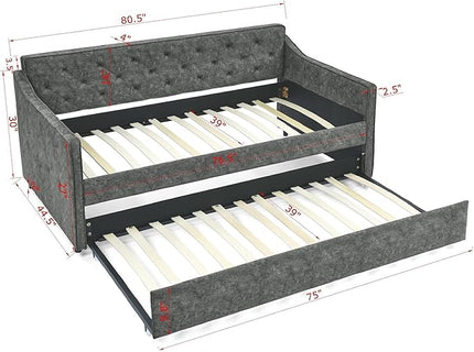 Size Upholstered Daybed with Twin Trundle, Solid Wooden Bed Frame w/Button Tufted Backrest and Waved Shape Arms, No Spring Box Need, for Kids, Bedroom, Dorm, Grey-4 - LeafyLoom