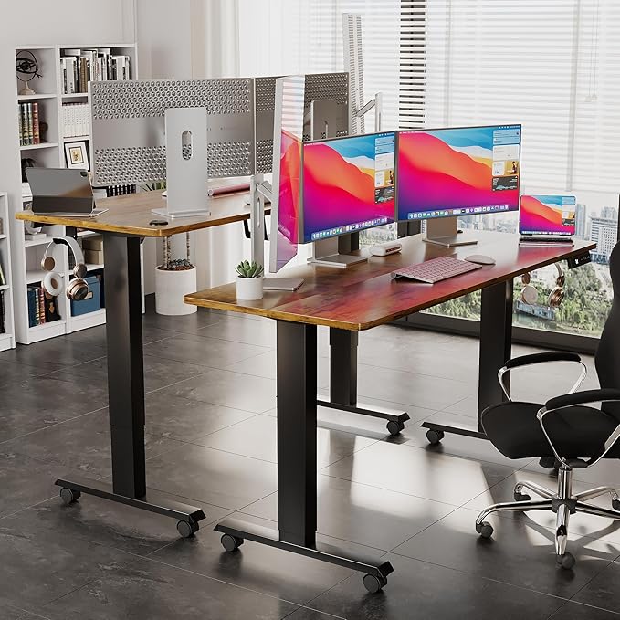 Electric Standing Desk 60 Inch, Ergonomic Height Adjustable Table with T-Shaped Metal Bracket Modern Computer Workstations for Home Office, Rustic Brown - LeafyLoom