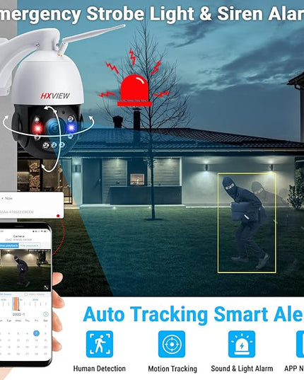 PTZ Camera Outdoor, 30X Optical Zoom Security Camera, 5MP Wireless WiFi RTSP IP Camera, 1000FT Night Vision, Auto Tracking, Emergency Strobe Light Alarm, Human Detection, 2-Way Audio HXVIEW