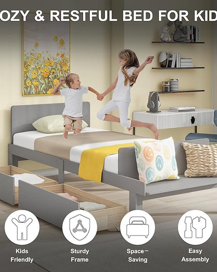 Dolonm Twin Bed Frames for Kids with 2 Drawers, Storage Platform Bed with Footboard Bench, Twin Kids Bed Headboard Frame Pine Wood, High Stable, No Box Spring Needed, Twin Bed for Kids, Grey - LeafyLoom