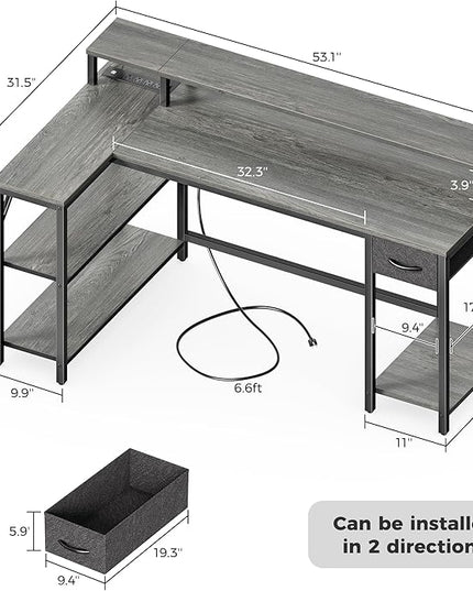 SUPERJARE 53 inch Reversible L Shaped Desk with LED Lights & Power Outlets, Computer Desk with Shelves & Monitor Stand, Gaming Desk with Drawer, Home Office Desk Corner Desk, Grey - LeafyLoom