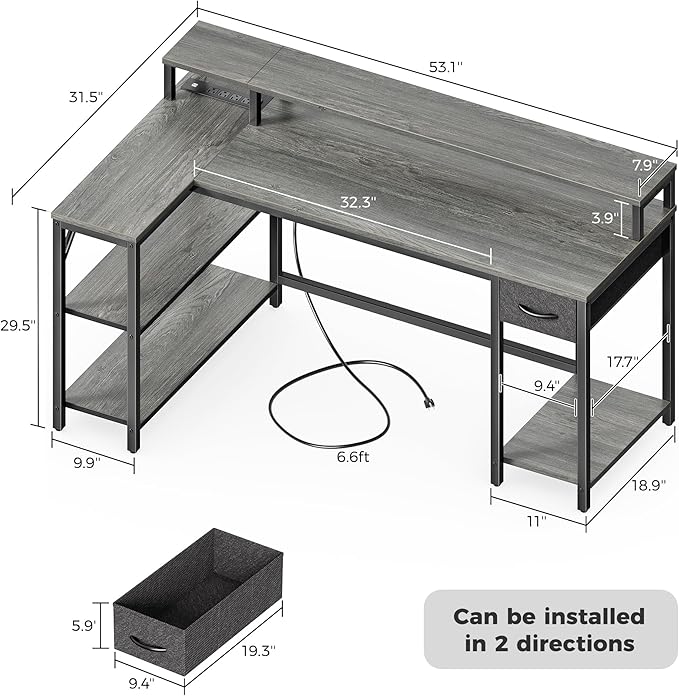 SUPERJARE 53 inch Reversible L Shaped Desk with LED Lights & Power Outlets, Computer Desk with Shelves & Monitor Stand, Gaming Desk with Drawer, Home Office Desk Corner Desk, Grey - LeafyLoom