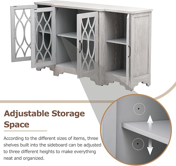 58" Retro Sideboard Glass Door with Curved Line Design,Wood Ample Storage Cabinet,W/Black Handle and Three Adjustable Shelves,for Dining Living Room Entryway,Antique White - LeafyLoom