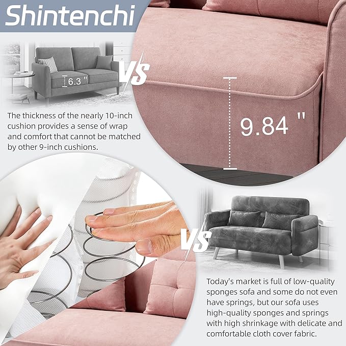 Shintenchi 47" Loveseat Wood Sofa with High-Density Sponge Cushion, Mid-Century Modern Design, Pink - LeafyLoom