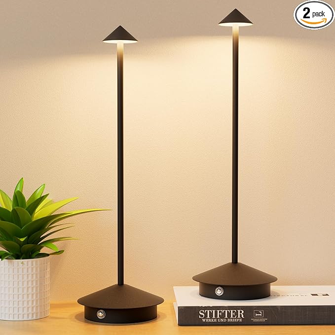 2-Pack 6000mAh Rechargeable LED Table Lamps,Outdoor Cordless Table Lamp Waterproof Portable, 3-Color Stepless Dimmable Modern Lamp for Restaurant/Bedroom(Black) - LeafyLoom