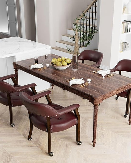 Dining Chairs with Casters and Arm, Large Rolling Dining Chairs with Wheel, Poker Table Chairs, Boss Caption's Chairs, 26"D x 25.2"W x 31.5"H, Espresso Legs & Wine Red Brown PU, XXY-1910-WR - LeafyLoom