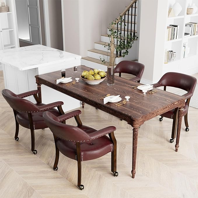 Dining Chairs with Casters and Arm, Large Rolling Dining Chairs with Wheel, Poker Table Chairs, Boss Caption's Chairs, 26"D x 25.2"W x 31.5"H, Espresso Legs & Wine Red Brown PU, XXY-1910-WR - LeafyLoom