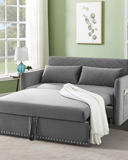 New model 3-in-1 Sleeper USB Port Adjustable Velvet Convertible Sofa with Pull Out Bed, 2 Pillows & Side Pocket – Ideal for Living Room and Bedroom, Grey - LeafyLoom