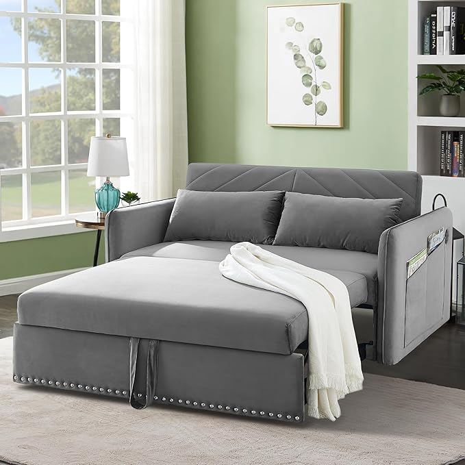 New model 3-in-1 Sleeper USB Port Adjustable Velvet Convertible Sofa with Pull Out Bed, 2 Pillows & Side Pocket – Ideal for Living Room and Bedroom, Grey - LeafyLoom