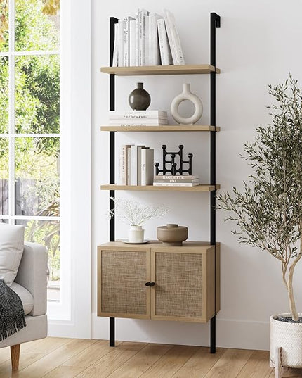 Nathan James Theo Ladder 3 tier Open Bookshelf with Rattan Drawers and Matte Steel Frame, Light Oak/Black - LeafyLoom
