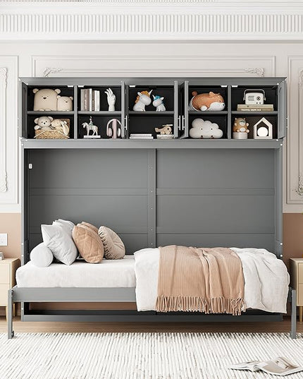 Merax Modern Farmhouse Solid Wood Murphy Cabinet Bed with Top Cabinets, Tall Wall Platform Bed No Box Spring Needed/Easy Assemble Queen,Gray - LeafyLoom