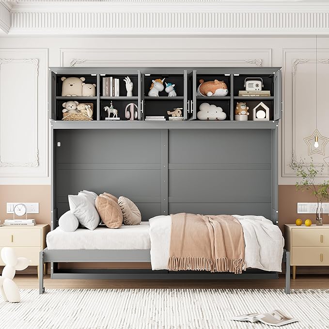 Merax Modern Farmhouse Solid Wood Murphy Cabinet Bed with Top Cabinets, Tall Wall Platform Bed No Box Spring Needed/Easy Assemble Queen,Gray - LeafyLoom