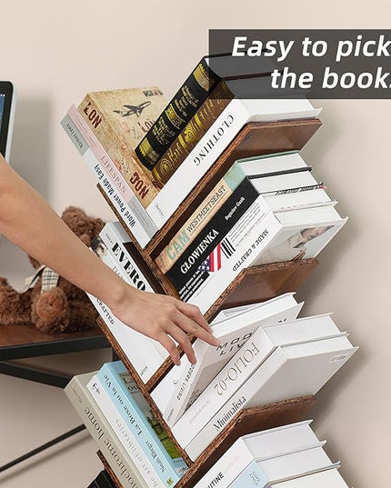 8 Tier Tree Bookshelf with Drawer, Free Standing Wood Bookcase for Narrow Space, Storage Organizer Bookshelves for Books, Book Case for Home Office, Living Room, Bedroom, Rustic Brown - LeafyLoom