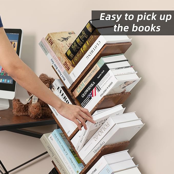 8 Tier Tree Bookshelf with Drawer, Free Standing Wood Bookcase for Narrow Space, Storage Organizer Bookshelves for Books, Book Case for Home Office, Living Room, Bedroom, Rustic Brown - LeafyLoom