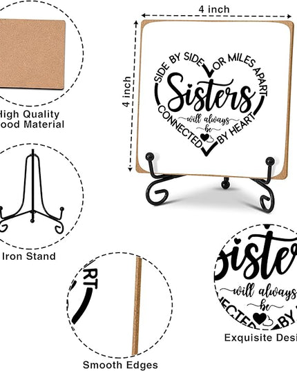Gifts for Sister, Desk Decor Wood Plaque with Stand, Sister Birthday Gifts - Side By Side Or Miles Apart,Sisters Are Always Connected By The Heart -A40 - LeafyLoom