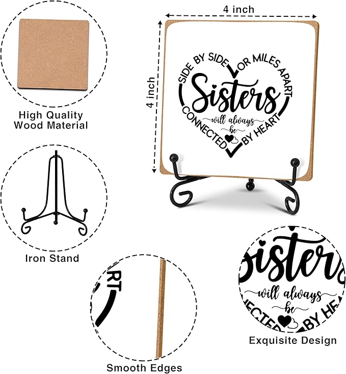 Gifts for Sister, Desk Decor Wood Plaque with Stand, Sister Birthday Gifts - Side By Side Or Miles Apart,Sisters Are Always Connected By The Heart -A40 - LeafyLoom