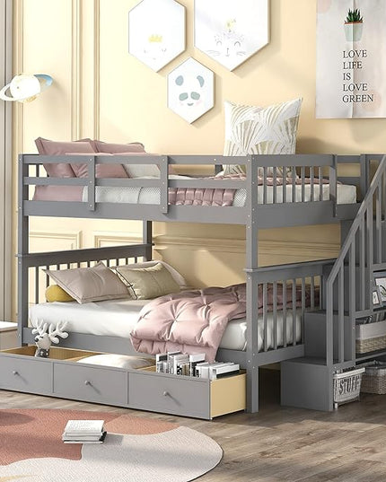 Full Over Full Bunk Bed with Stairs Storage and 3 Drawers, Wooden Stairway Bunkbeds, can be Divided into two Platform Bedframe, for Kids Teens Adults Bedroom, Gray - LeafyLoom