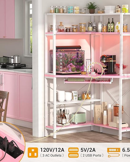 Cyclysio Small Corner Desk with Hutch, Corner Gaming Desk with LED Light & Power Outlets, Computer Desk with Keyboard Tray, Triangel Desk for Small Space, Home Office, Workstation, Pink - LeafyLoom