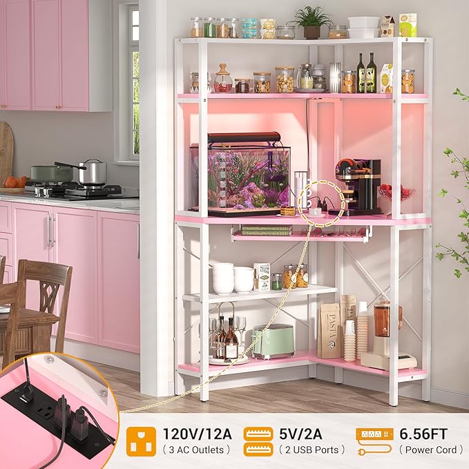 Cyclysio Small Corner Desk with Hutch, Corner Gaming Desk with LED Light & Power Outlets, Computer Desk with Keyboard Tray, Triangel Desk for Small Space, Home Office, Workstation, Pink - LeafyLoom