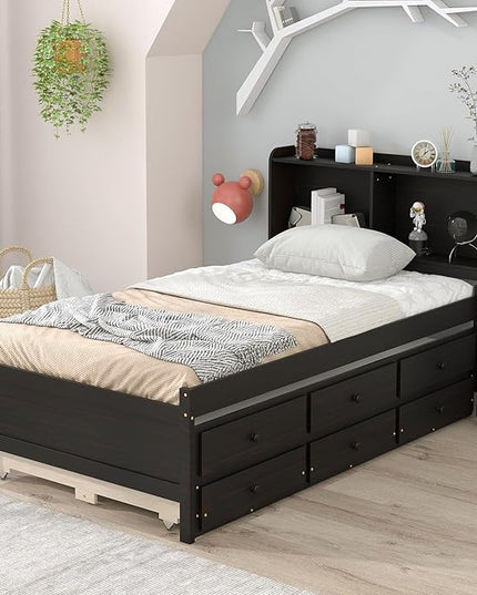 Platform Bed Twin Size with Bookcase Headboard, Trundle and 3 Drawers, Wooden Storage Bedframe for Kids Teens Adults Bedroom - LeafyLoom