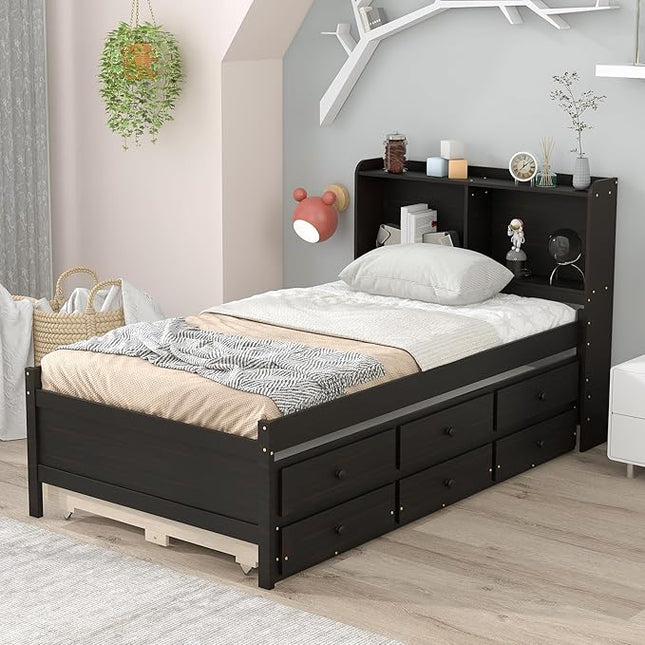 Platform Bed Twin Size with Bookcase Headboard, Trundle and 3 Drawers, Wooden Storage Bedframe for Kids Teens Adults Bedroom - LeafyLoom