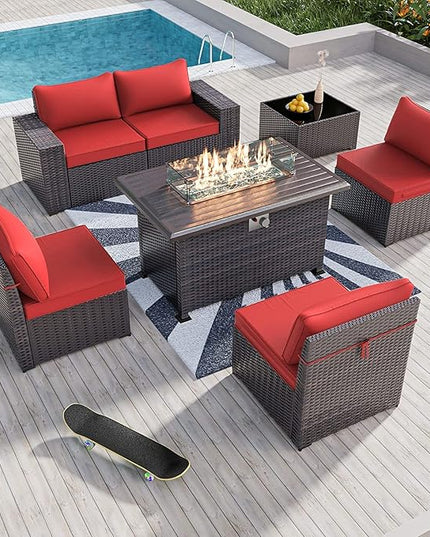 Kullavik 7 Pieces Outdoor Patio Furniture Set with 43" 55000BTU Gas Propane Fire Pit Table PE Wicker Rattan Sectional Sofa Patio Conversation Sets,Dark Red - LeafyLoom